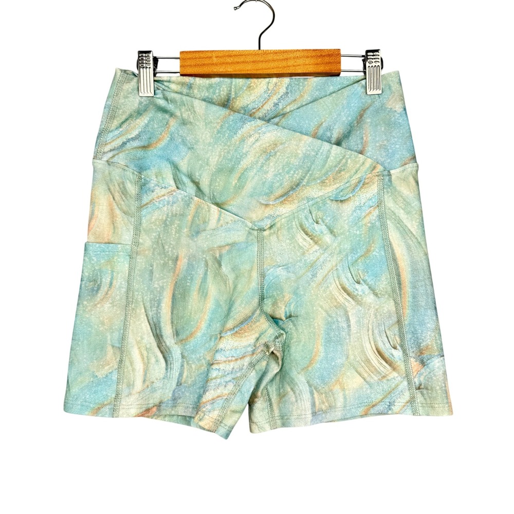 Evolution and Creation Biker Shorts Womens Large Teal Abstract Crossover Waist